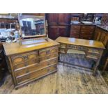 Old Charm bedroom chest and matching kneehole dresser/desk together with matching table mirror