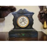 Victorian slate mantle clock, architectural form, enamel and gilt dial with working movement.