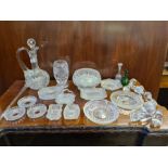 Quantity of glassware to include lead crystal decanter, cut vase and fruit bowls, bottle stoppers