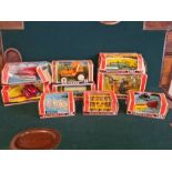 9 x Britains farm toys boxed in varying condition as pictured, 9556 hay baler, 9577 seed drill, 9528