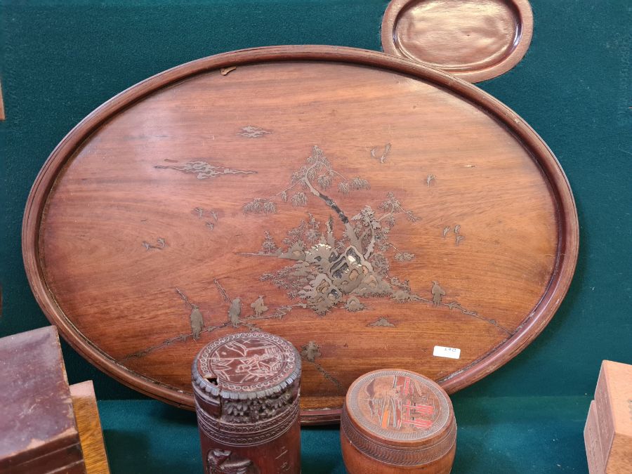 Collection of various cigar and trinket boxes, bamboo carved boxes, an oriental brass inlaid tray - Image 5 of 5