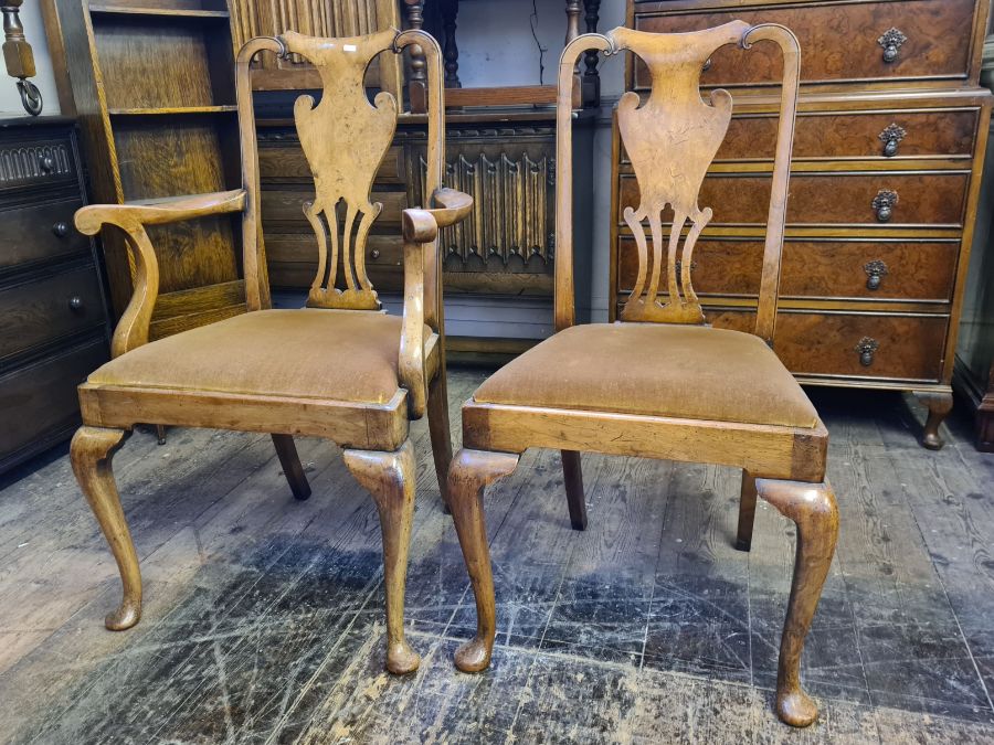 A pair of Victorian burr walnut vase splat, Queen Ann leg, dining chairs. - Image 3 of 4