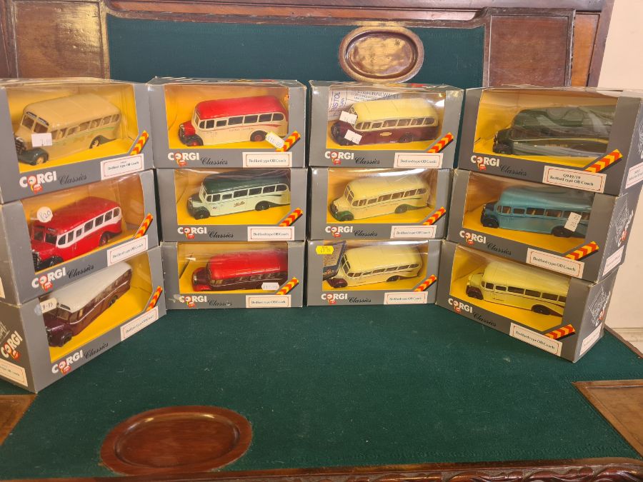 12 x Corgi Classics boxes, Bedford Type OB coaches in various liveries.