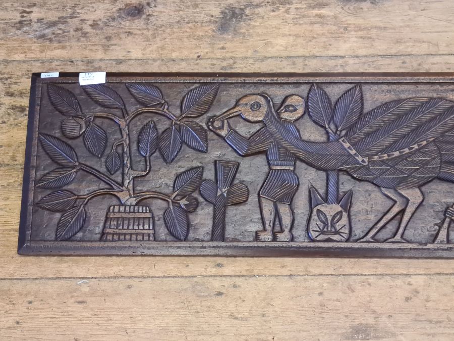 Tribal carved teak long panel depicting large harnessed mythical bird, beheadings and worship. - Image 2 of 4