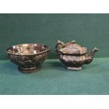 Miniature 10cm tall Jackfield teapot decorated with lion and unicorn coat of arms together with a