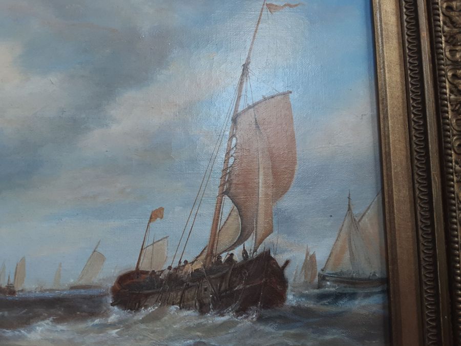 An early 20th century unsigned oil on canvas continental harbour scene on rough seas, 35cm x 26cm. - Image 3 of 3