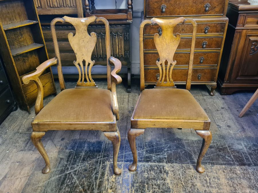 A pair of Victorian burr walnut vase splat, Queen Ann leg, dining chairs.