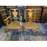 A pair of Victorian burr walnut vase splat, Queen Ann leg, dining chairs.