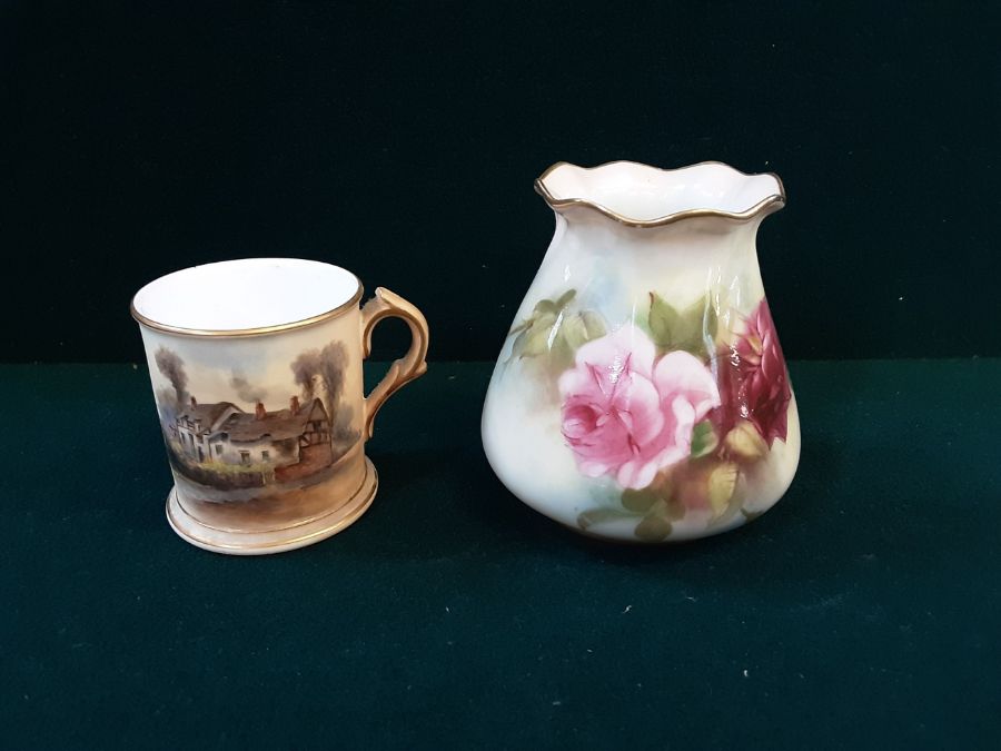 Small Worcester tankard Ann Hathaways cottage standing 2.25" and a Royal Worcester floral