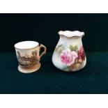 Small Worcester tankard Ann Hathaways cottage standing 2.25" and a Royal Worcester floral