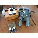 Chinon 10 x 50 wide angle field glasses, Polaroid land camera and a pair of leather cased opera