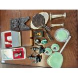 Mixed tray lot to include dressing table sets, plated wares, cased Christening sets, carved stand,