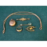 9ct gold locket, chain, bird brooch, swastika brooch, drop earring and 18ct ring with missing stone,