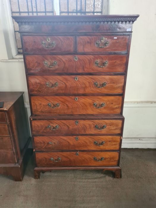 George III mahogany flame veneer 8 drawer tallboy with Greek key and dental pediment, later - Image 2 of 4