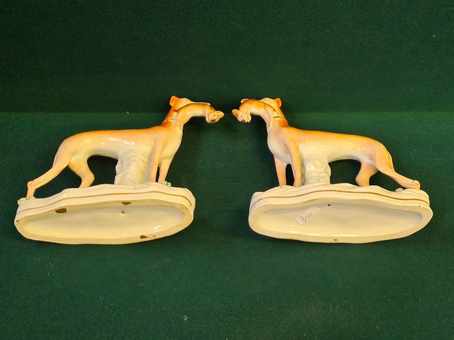 Pair of Staffordshire greyhounds carrying rabbits 19cm tall together with an early Staffordshire - Image 4 of 7