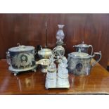 Collection of silver plated items to include Mappin Bros. biscuit box with swan knop, cruet set,