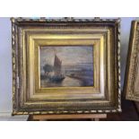 A small Victorian gilt framed oil on canvas of a Fenland ox drawn sailing barge, painting size
