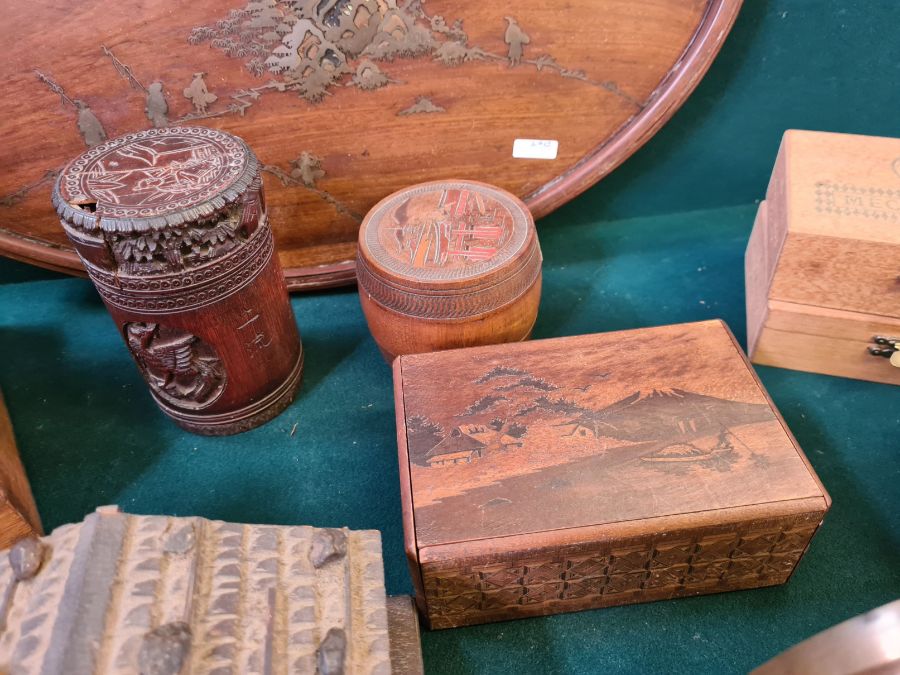 Collection of various cigar and trinket boxes, bamboo carved boxes, an oriental brass inlaid tray - Image 4 of 5