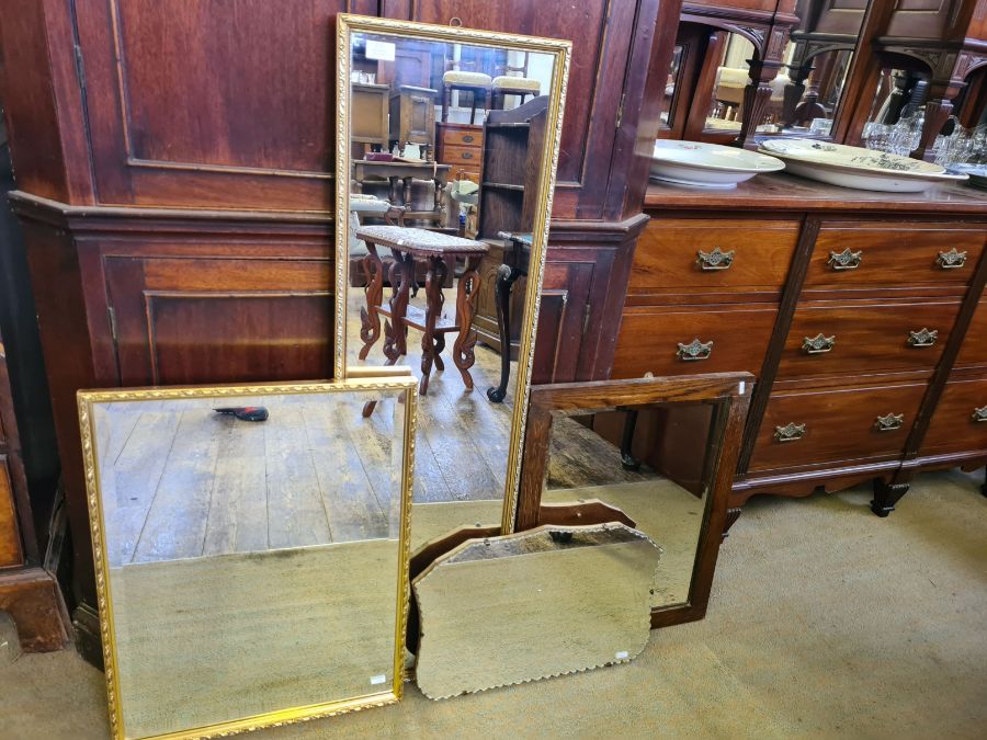 2 gilt framed mirrors, oak framed mirror and a bevel edged wall hanging mirror.