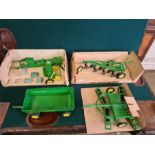 ERTL John Deere farm toys, plough, trailer, baler and disc harrow.