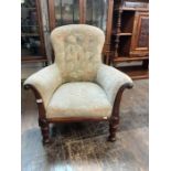 William IV rosewood gentleman's library/club chair with later button back upholstery, swept scrolled