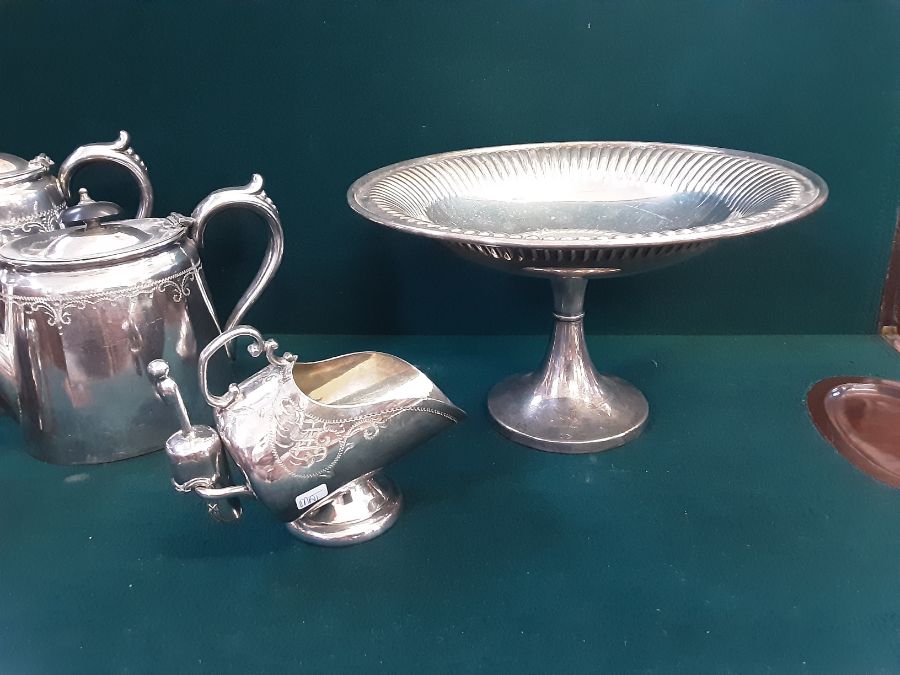 EPBM 4 piece chased decorated tea service with similar sugar scuttle and scoop and a fluted - Image 3 of 3