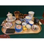 Tray lot to include copper lustre cup and beakers, Copeland 2 handled mug, enamelled Victoria