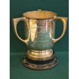 2 handled silver trophy cup on wooden plinth by Sidney Hall & Co., Sheffield 1932, standing 13cm