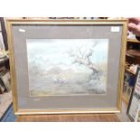 Framed watercolour of a shepherd and his sheep signed by A. Pollard. 45cm x 54cm including frame.