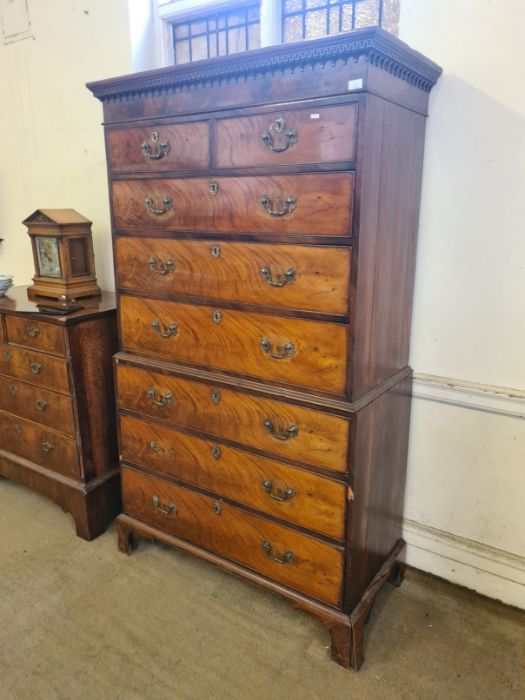 George III mahogany flame veneer 8 drawer tallboy with Greek key and dental pediment, later - Image 4 of 4