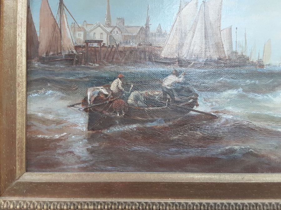 An early 20th century unsigned oil on canvas continental harbour scene on rough seas, 35cm x 26cm. - Image 2 of 3