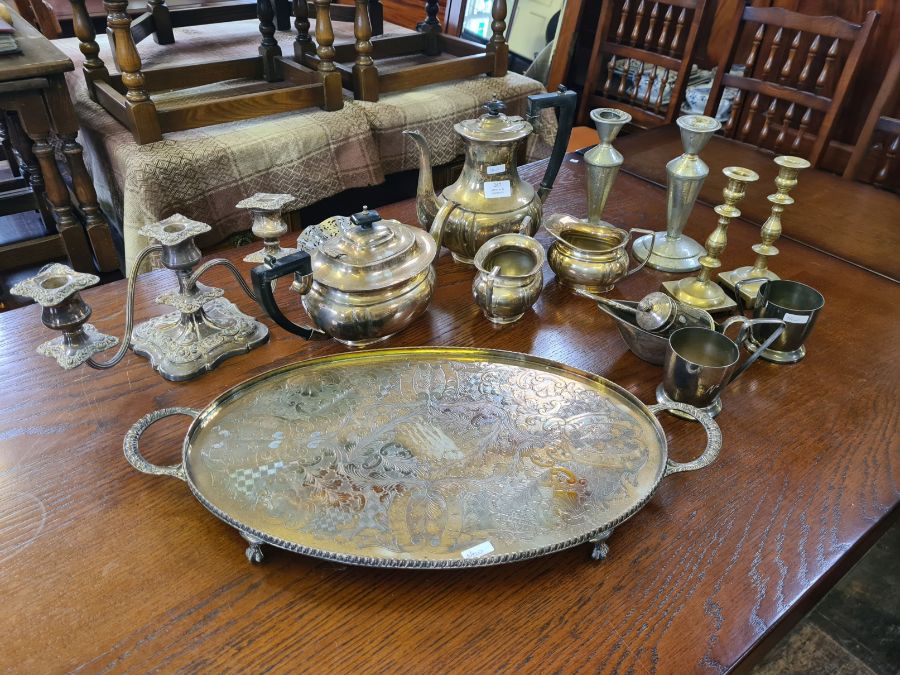 EPNS 4 piece teaset, hammered pewter candlesticks, candelabra, chased tray and other plated items.