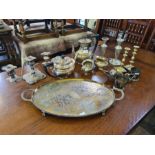EPNS 4 piece teaset, hammered pewter candlesticks, candelabra, chased tray and other plated items.