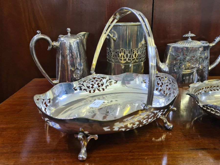 Assorted plated wares to include cake baskets, bottle holder, EPBM chased teapot, sugar and cream - Image 5 of 6