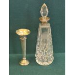 Wolfsky & Co., silver collar cut glass scent bottle, 175mm tall and a small silver specimen vase.