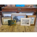 Assorted pictures and prints to include 2 photographic views of Prague, pair of framed 1921 Punch