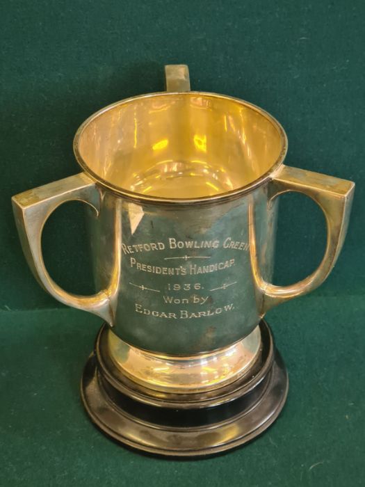 2 handled silver trophy cup on wooden plinth by Sidney Hall & Co., Sheffield 1932, standing 13cm - Image 2 of 4