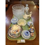 Mixed tray lot to include Belleek basket, Victorian globular teapot with pictorial exotic birds,