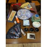 Box lot of oriental lacquered and porcelain dishes, coasters, quantity of assorted chopsticks,