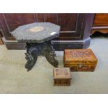 Indian carved folding table with bone inlays, an olive wood cigarette box and an Indian carved