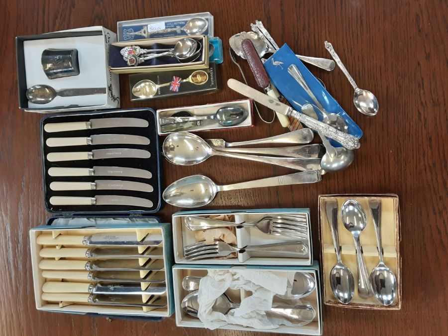 Assorted cased and loose EPNS cutlery.