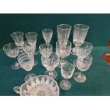 Tray of Georgian and later drinking glasses to include ale glasses, cut pedestal glasses, cordial