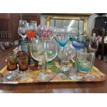 2 trays of coloured drinking glasses to include large stemmed wine glasses, gin glasses, Artland