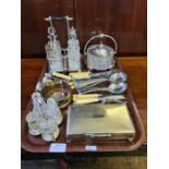 Assorted silver plated wares to include engine turned cigarette box, large and small cruet sets,