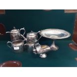 EPBM 4 piece chased decorated tea service with similar sugar scuttle and scoop and a fluted