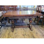 Jaycee oak drawer leaf table with bulbous carved support and 5 matching spindle back chairs.