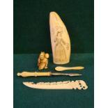 Scrimshaw sperm whale tooth with pictorial design of a lady carrying a sprig together with a Netsuke