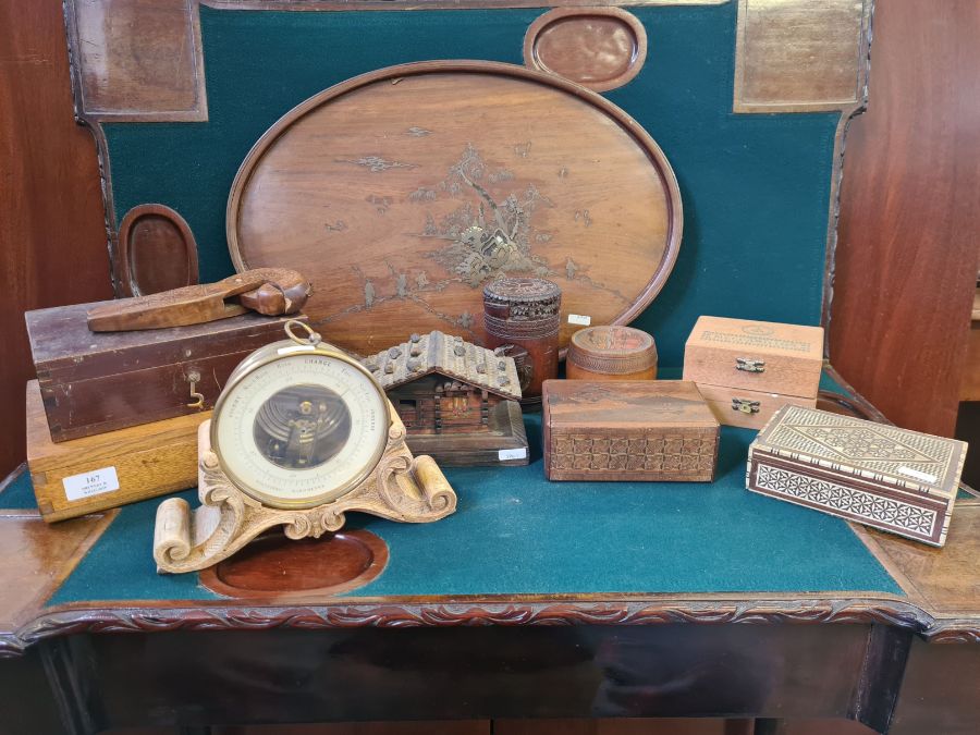 Collection of various cigar and trinket boxes, bamboo carved boxes, an oriental brass inlaid tray