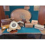 Collection of various cigar and trinket boxes, bamboo carved boxes, an oriental brass inlaid tray