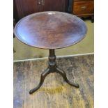 Georgian mahogany circular dish top, tilt top table with turned column tripod base.